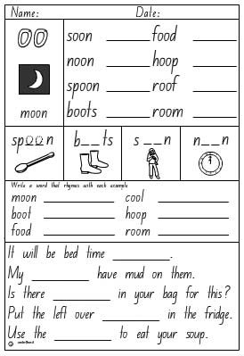 Vowel Digraphs 'oo' as in moon Activity Sheet